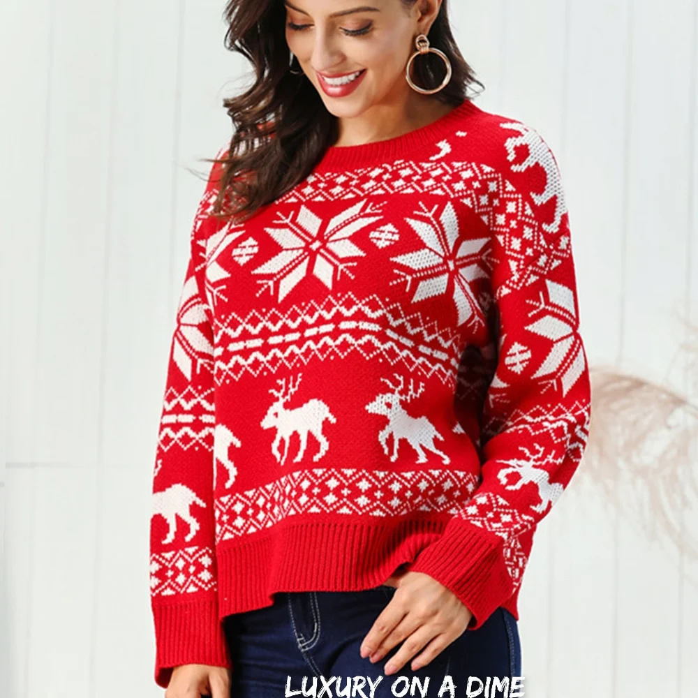 Fair Isle Snowflake Reindeer Knit Round Neck Classic Holiday Minimalist Sweater - Picture 3 of 7